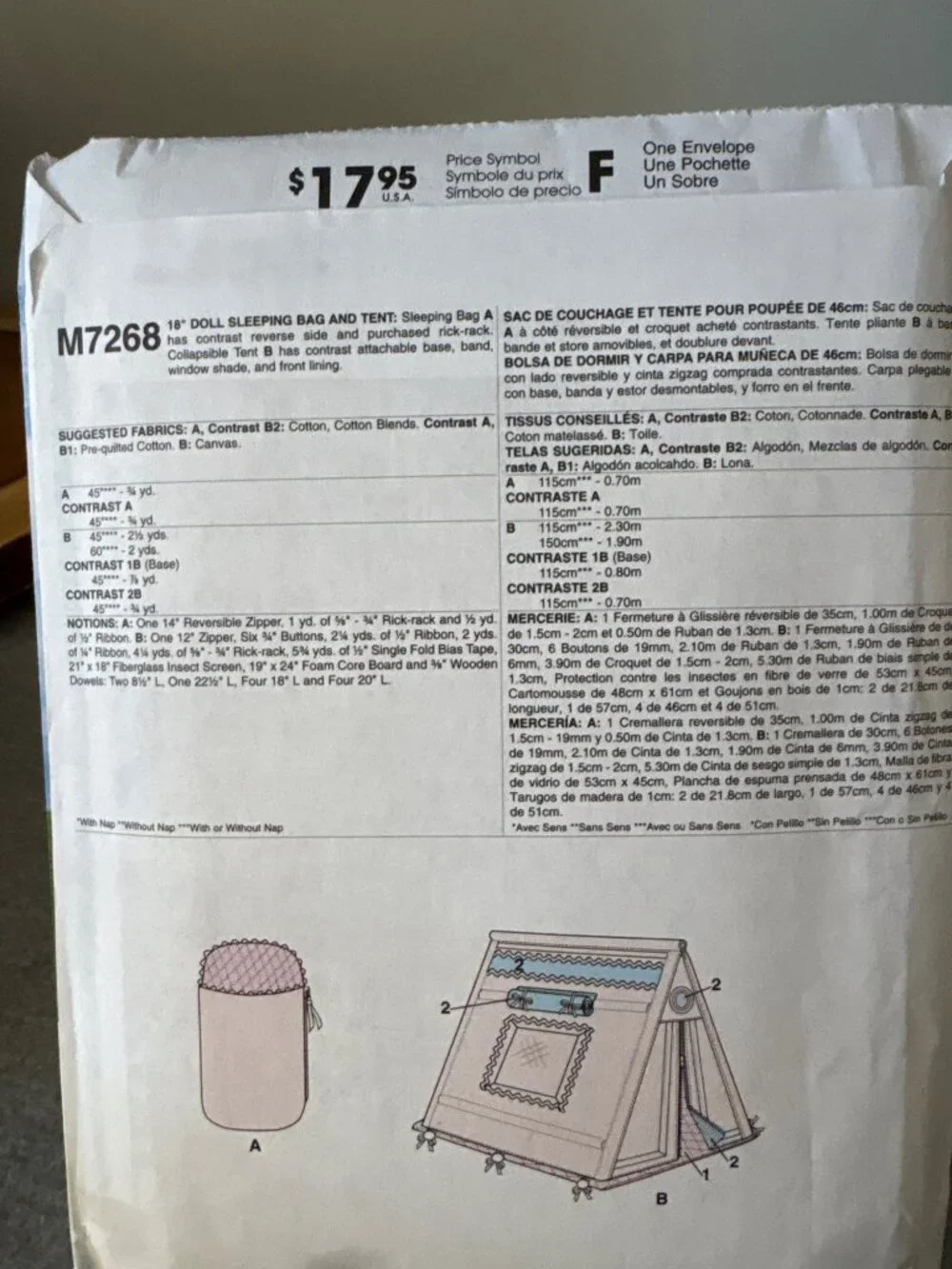 McCalls Crafts M7268 Doll Sleeping Bag Tent Sewing Pattern Uncut 2015